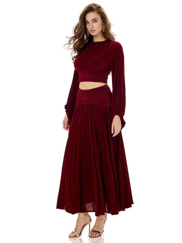 Balloon Sleeve Ruched Crop Top & Pleated Skirt Sets