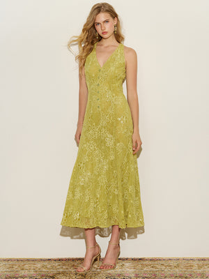 Sleeveless Embroidered Lace Midi Dress