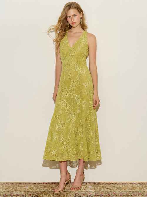 Sleeveless Embroidered Lace Midi Dress