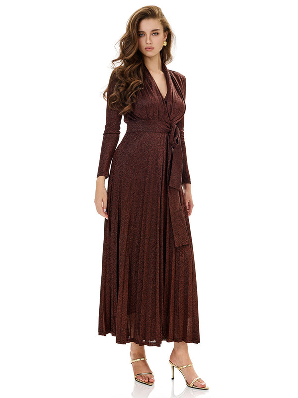 Metallic Knit Wrap Pleated Maxi Dress