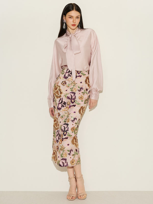Knot Neck Top & Bead Embroidered Skirt Sets