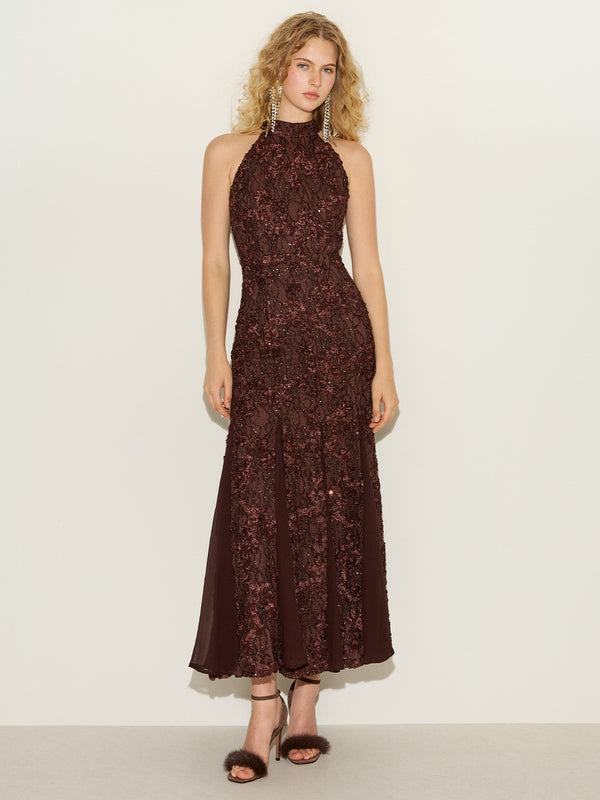 Lace Appliqué Mesh Gown