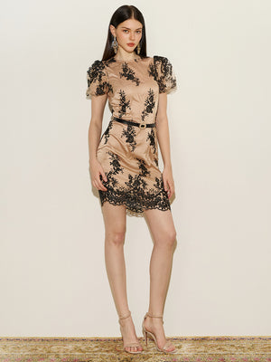 Puffed Sleeve Embroidered Lace Mini Dress