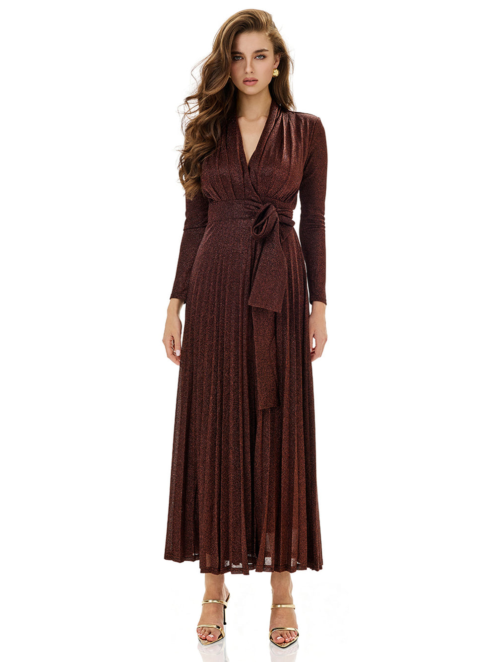 Metallic Knit Wrap Pleated Maxi Dress