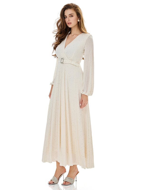 Glitter Pleated Belt Maxi Dress