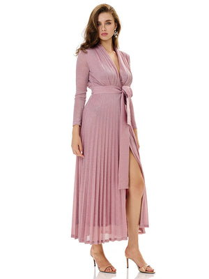 Metallic Knit Wrap Pleated Maxi Dress