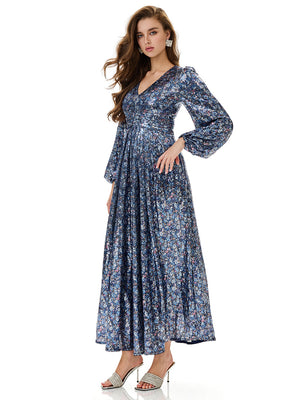 Floral Sequin Pleated Evening Dress