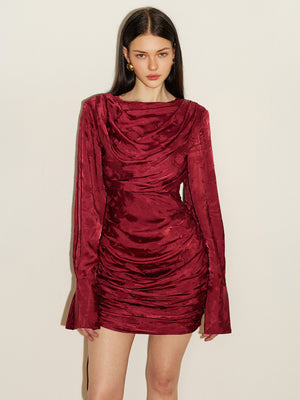 Jacquard Satin Drawstring Ruched Mini Dress