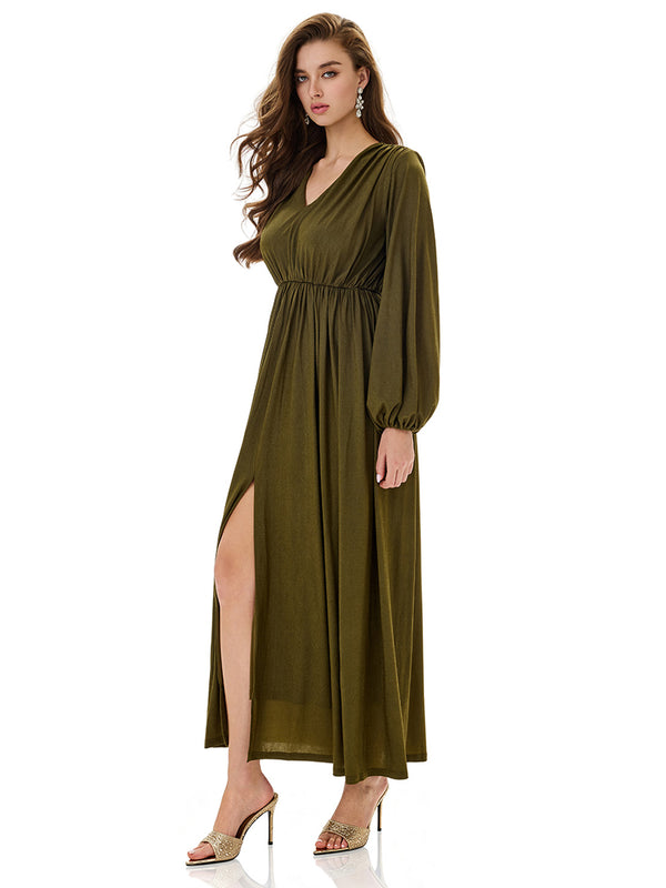 Ruched Lantern Sleeve Slit Party Dress