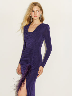 Cowl Neck Drawstring Ruched Gown