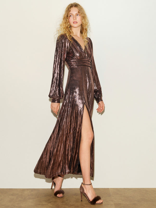Shimmer High Slit Pleated Gown