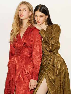Satin Jacquard Slit Wrap Dress