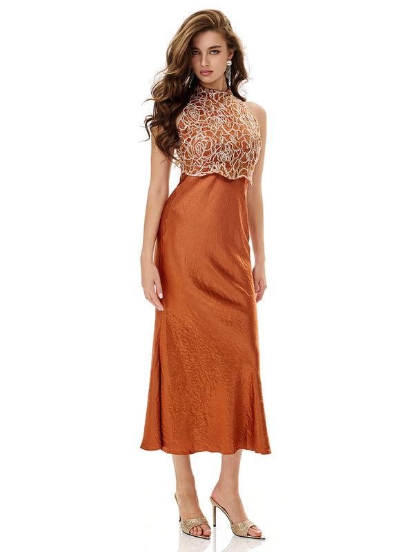 Floral Lace Bodice Satin Bodycon Dress