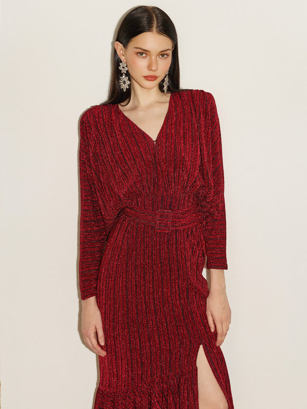 Glitter Batwing Sleeve Ruffles Hem Gown