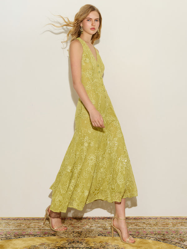 Sleeveless Embroidered Lace Midi Dress
