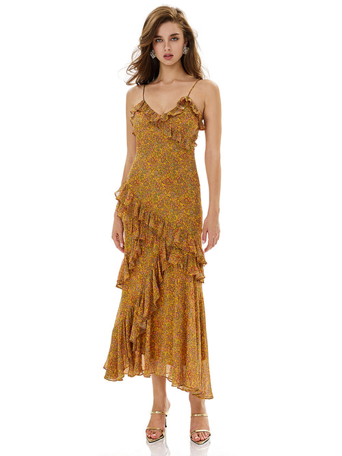 Paisley Print Thin Strap Ruffles Dress