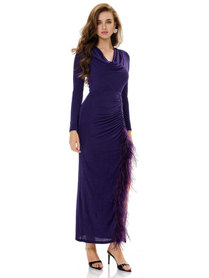 Cowl Neck Drawstring Ruched Gown