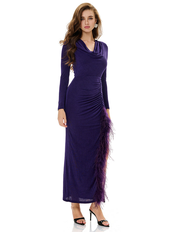 Cowl Neck Drawstring Ruched Gown