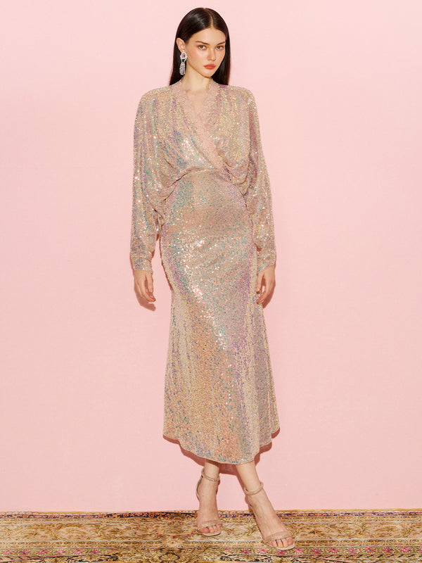Batwing Sleeves Sequin Mermaid Evening Gown