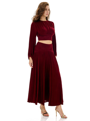 Balloon Sleeve Ruched Crop Top & Pleated Skirt Sets