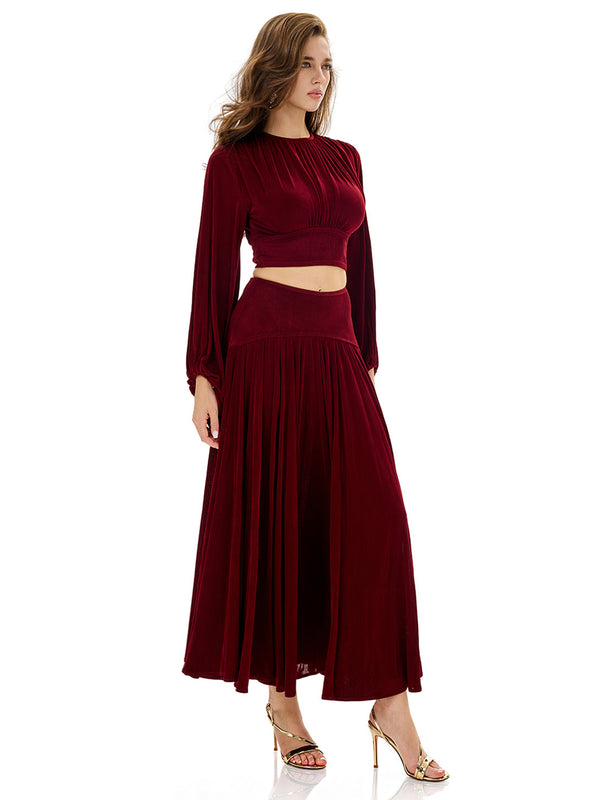 Balloon Sleeve Ruched Crop Top & Pleated Skirt Sets