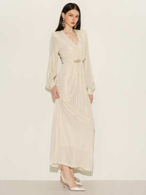 Glitter Ruched Detail Gown With Brooch