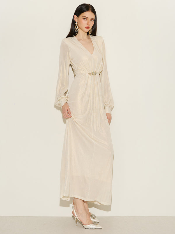 Glitter Ruched Detail Gown With Brooch