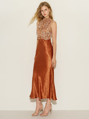 Floral Lace Bodice Satin Bodycon Dress