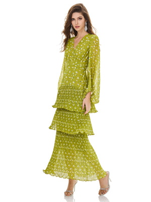 Prairie Green Tiered Pleated Dress