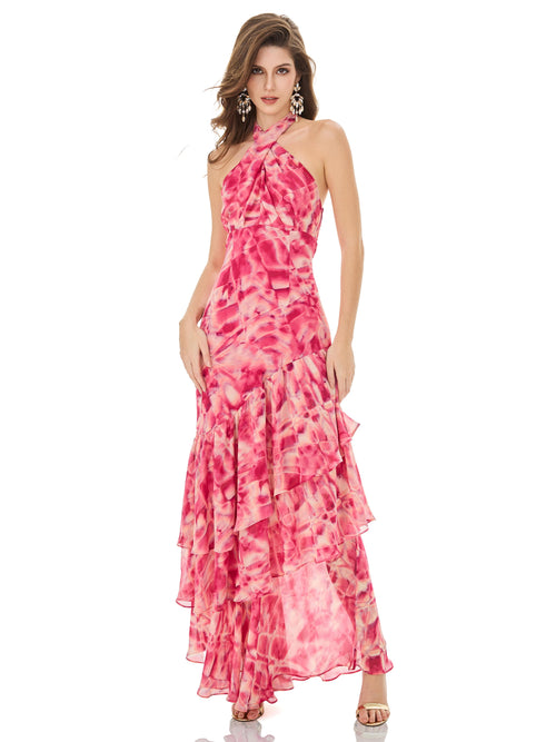 Pink Crisscross Halter Maxi Dress