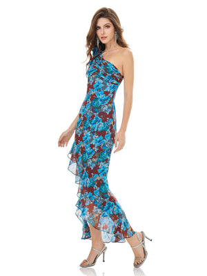One-Shoulder Blue Printed Dress