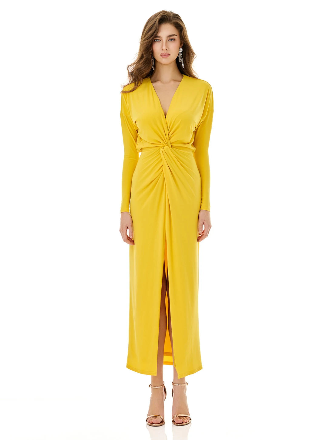 front twist v neck maxi dress in yellow Vibrant L / Yellow Hyacinth House Blue Gingham brand-rhc Ladies Casual And Fashionable US Size:18W