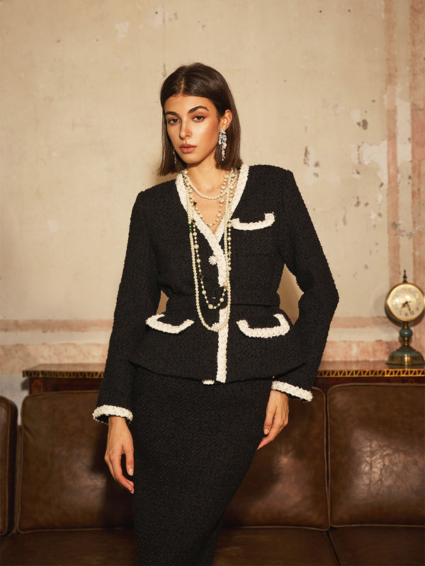 Beaded Colorblock Tweed Jacket & Skirt Sets