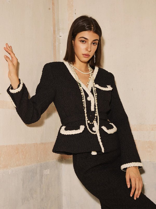 Beaded Colorblock Tweed Jacket & Skirt Sets