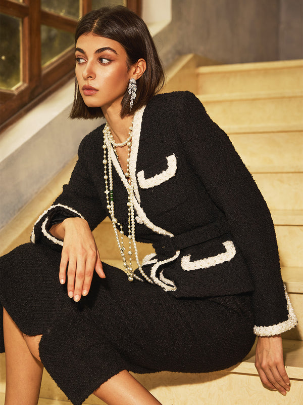 Beaded Colorblock Tweed Jacket & Skirt Sets