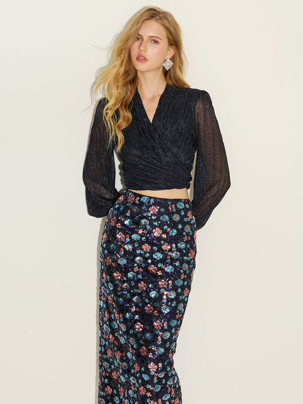 Glitter Wrap Top & Sequins Skirt Sets