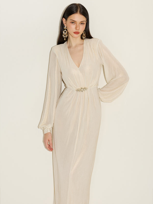 Glitter Ruched Detail Gown With Brooch