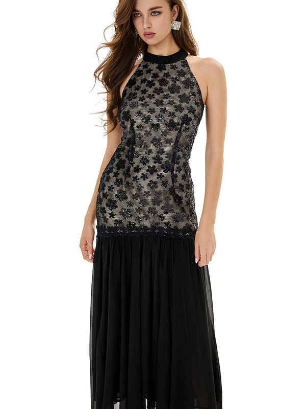 Sequin Embellished Chiffon Maxi Dress