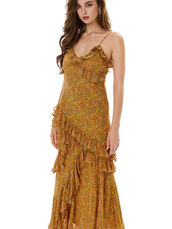 Paisley Print Thin Strap Ruffles Dress