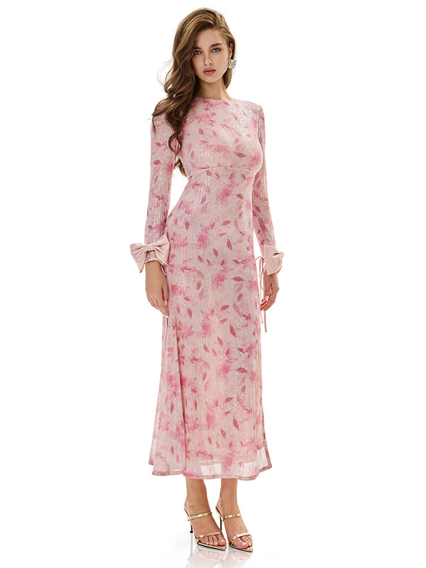 Bowknot Detail Print Sequin Dress