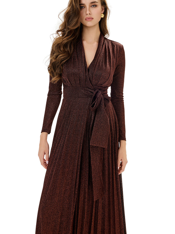 Metallic Knit Wrap Pleated Maxi Dress