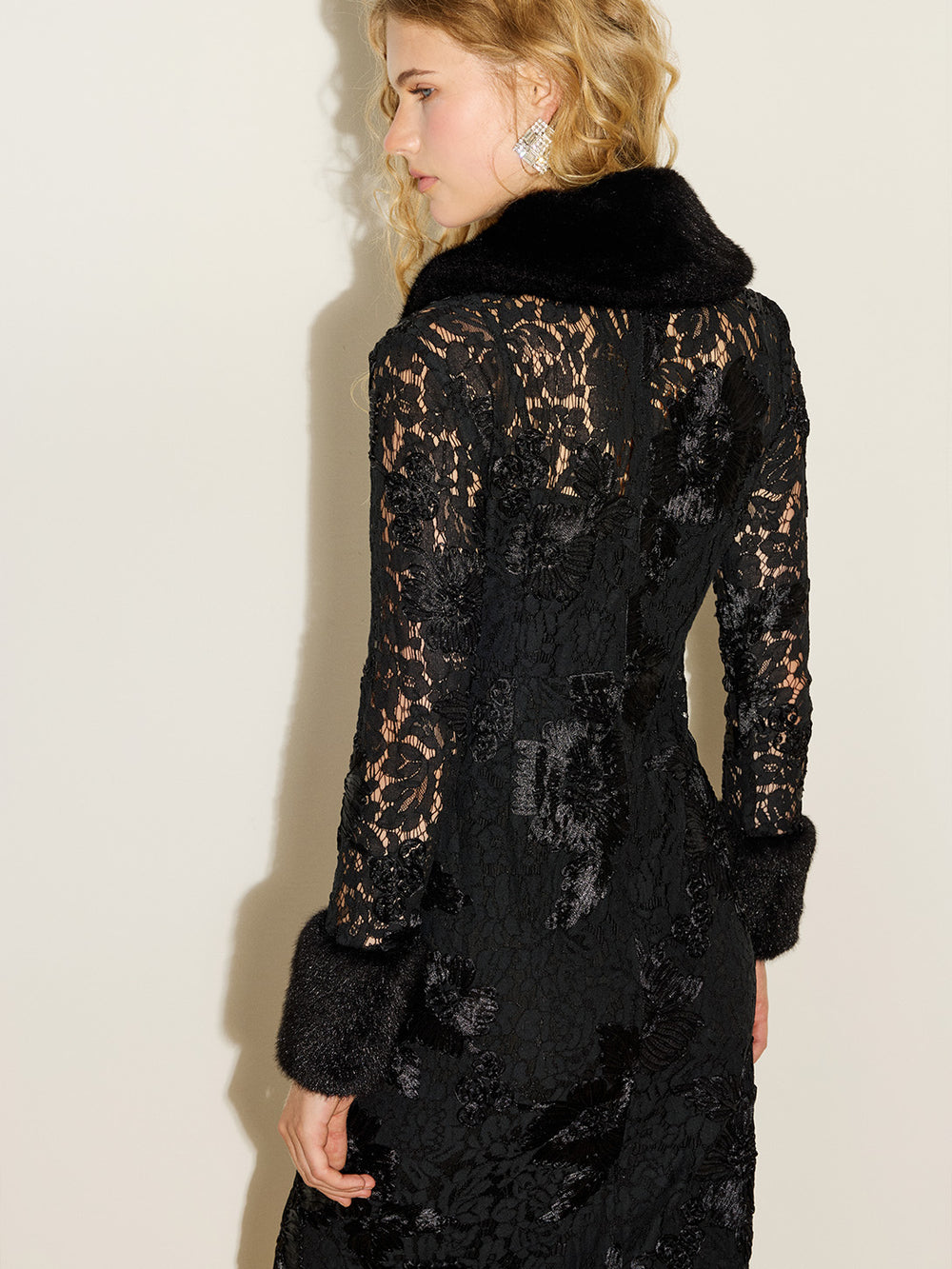 Faux Fur Appliqué Lace Dress