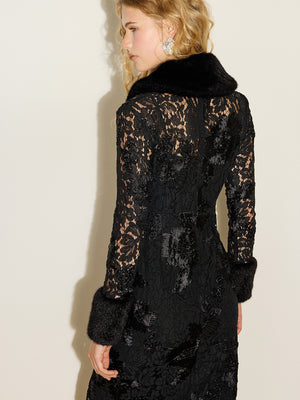 Faux Fur Appliqué Lace Dress