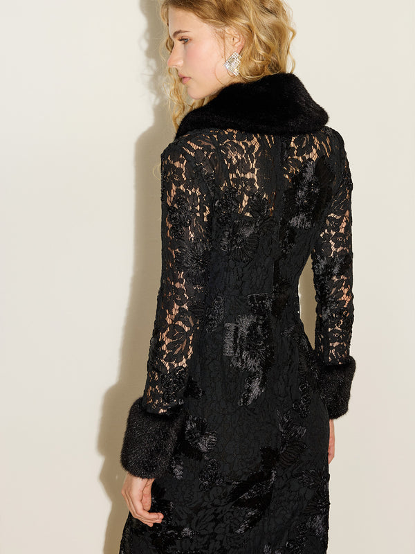 Faux Fur Appliqué Lace Dress