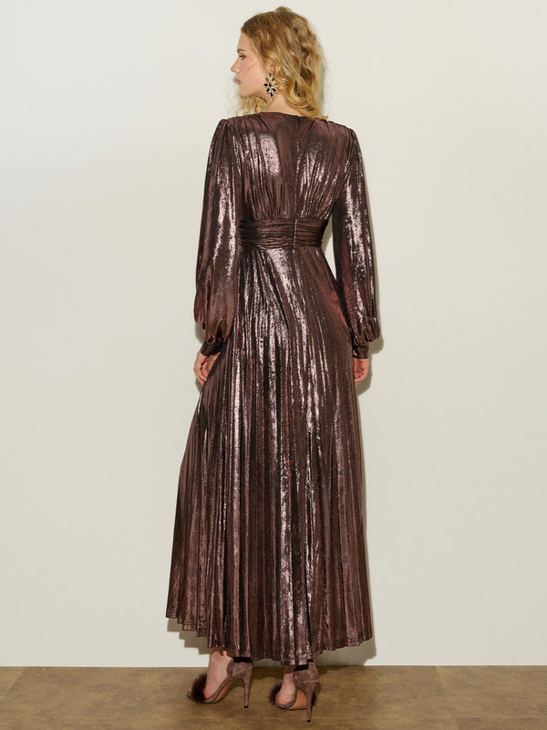 Shimmer High Slit Pleated Gown