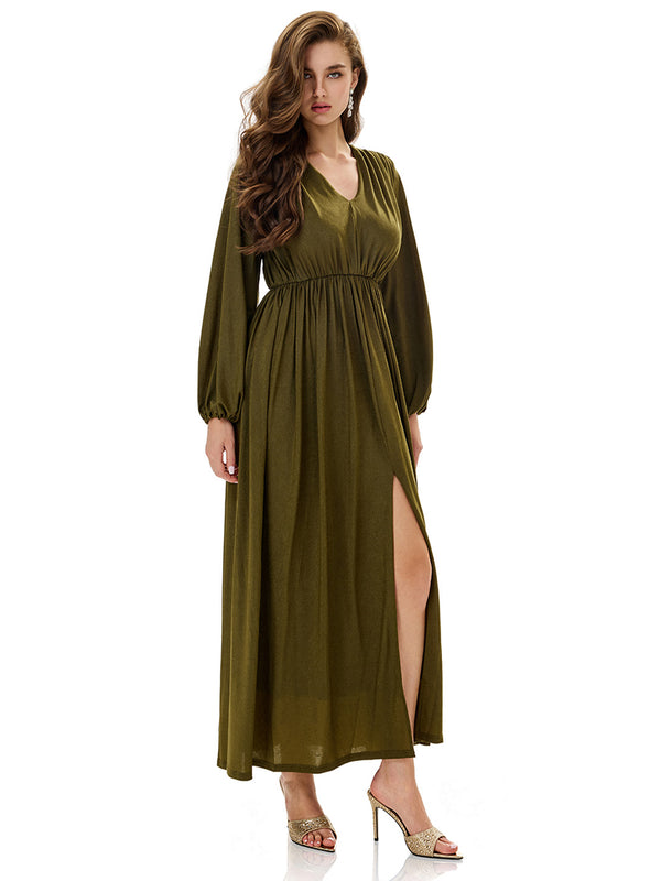 Ruched Lantern Sleeve Slit Party Dress