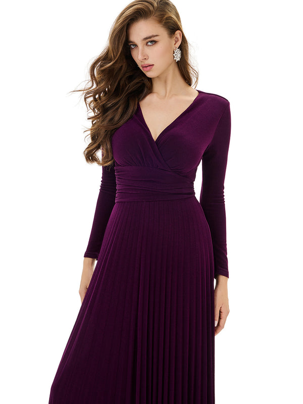 Long Sleeve Pleated Evening Gown