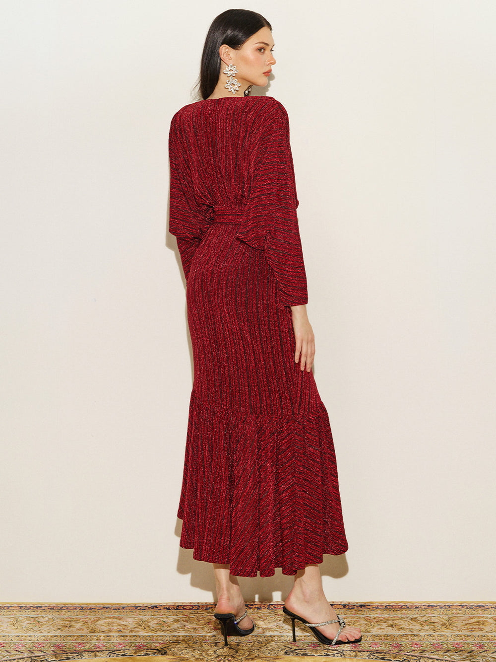 Glitter Batwing Sleeve Ruffles Hem Gown