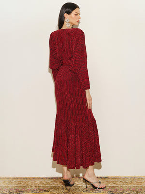 Glitter Batwing Sleeve Ruffles Hem Gown