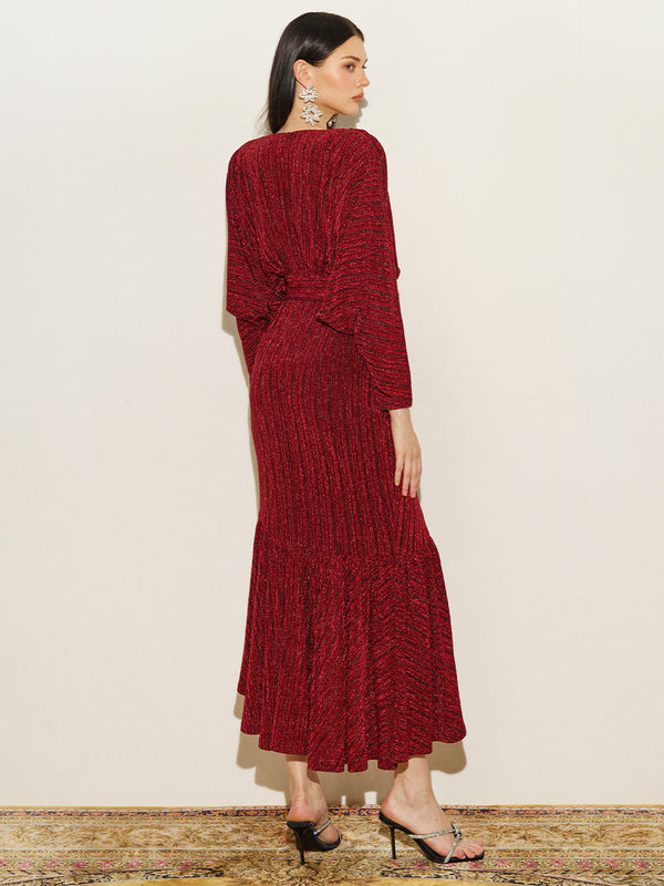 Glitter Batwing Sleeve Ruffles Hem Gown